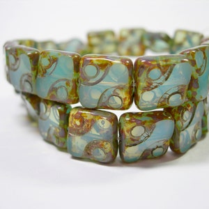 15 10mm Square Blue Opal Picasso Grooved Czech Glass Beads