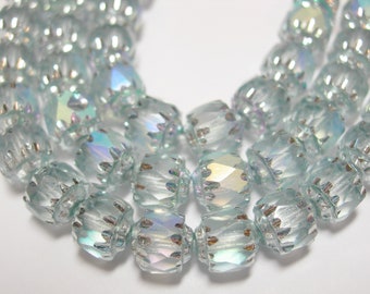 25 6mm Light Blue Apollo with metallic ends Firepolished Cathedral Czech Glass Beads