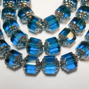 10 10mm Capri Blue with Silver Firepolished Cathedral Czech Glass Beads