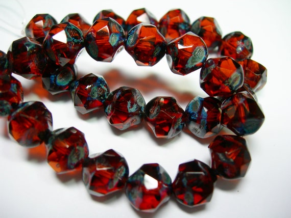 15 9mm Ruby Red Travertine Firepolished Thru Cuts Czech Glass Beads
