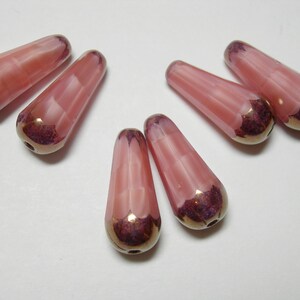 6 Pink Silk w/ Bronze Czech Glass Faceted Teardrop Beads 19x8mm