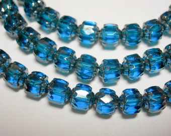 25 6mm Capri Blue with Silver Firepolished Cathedral Czech Glass Beads