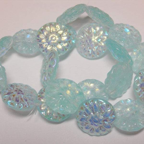 10 beads -  Czech Glass Aqua AB Dahlia Flower Beads 14mm