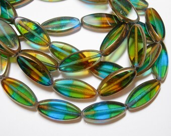 10 Czech Glass Blue Gold Green with Bronze Spindle Marquise Beads 16x7mm