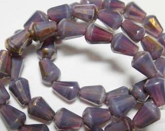 15 Purple Opal with Soft Gold Czech Glass Faceted Teardrop Beads 8x5mm