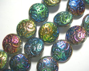 15 Lovely Czech Glass Puffy Coin Beads 14mm Vitrail 2X AB