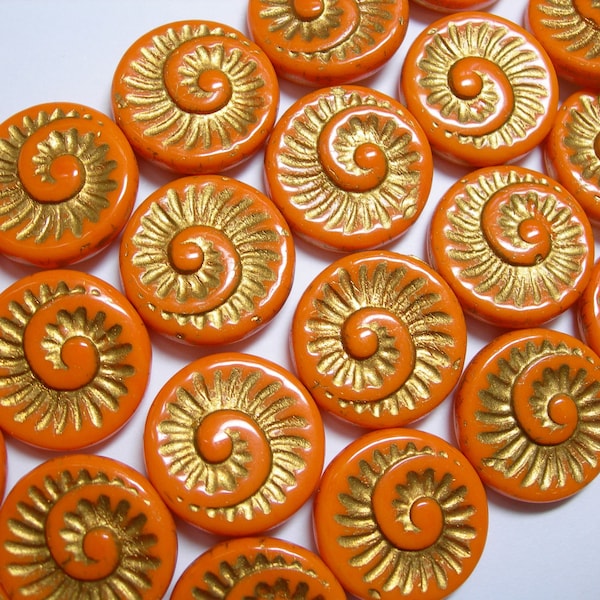 6 - 18mm Orange with Gold Fossil Snail Shell Swirl Spiral Coin Czech Glass Beads