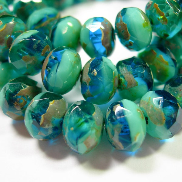 25 8x6mm Capri Blue / Turquoise Picasso Czech glass Rondelle beads