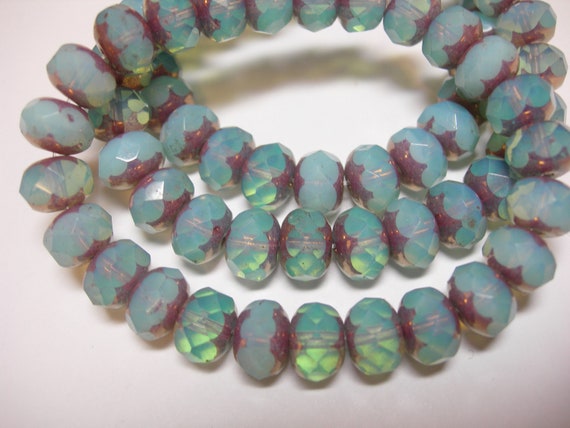 8x6mm Sapphire with Bronze Czech Firepolished Rondelle beads 25 beads