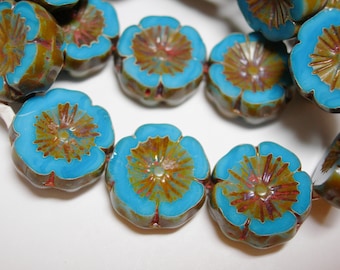 10 beads - Pacific Blue Picasso Czech Glass Flower Beads 14mm