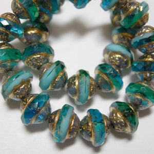15 7mm Czech Glass Turquoise Blue Blend with Gold Finish Faceted Saturn Saucer Beads