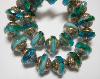 15 7mm Czech Glass Turquoise Blue Blend with Gold Finish Faceted Saturn Saucer Beads