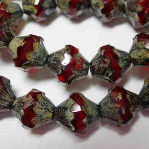 15 11x10mm Czech Glass Faceted Baroque Bicone Beads - Deep Red Picasso