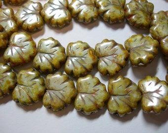 9 beads - Amber /Mint Green Picasso Czech Glass Maple Leaf Beads 11x12mm