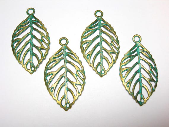 Green Verdigris Patina Metal Alloy LEAF Charms - 4 pieces 49mmx27mm