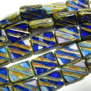 Czech Glass Engraved Rectangles 8mmx12mm Lilac and Blue w/ Picasso - 15 beads