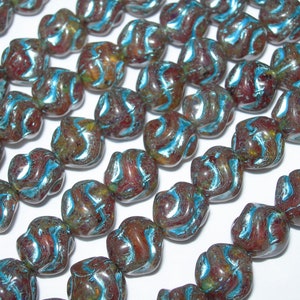 15 9mm Dark Honey Metallic Turquoise Twisted Round Love Knot Czech Glass Beads