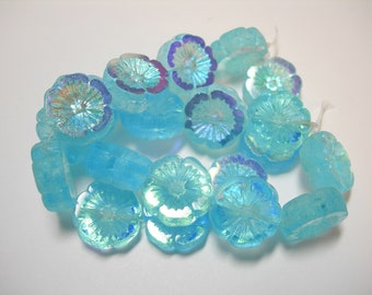 10 beads - Stunning! Light Blue AB Czech Glass Flower Beads 14mm