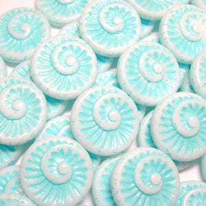 6 - 18mm  White w/ Turquoise Fossil Snail Shell Swirl Spiral Coin Czech Glass Beads