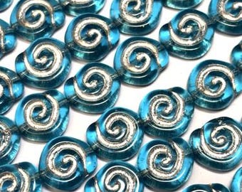 16 - 12mm Aqua with Silver Snail Shell Swirl Spiral Coin Czech Glass Beads