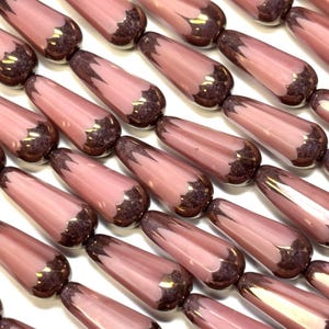 6 cuentas facetadas de cristal checo en forma de lágrima, de seda rosa y bronce, de 19 x 8 mm