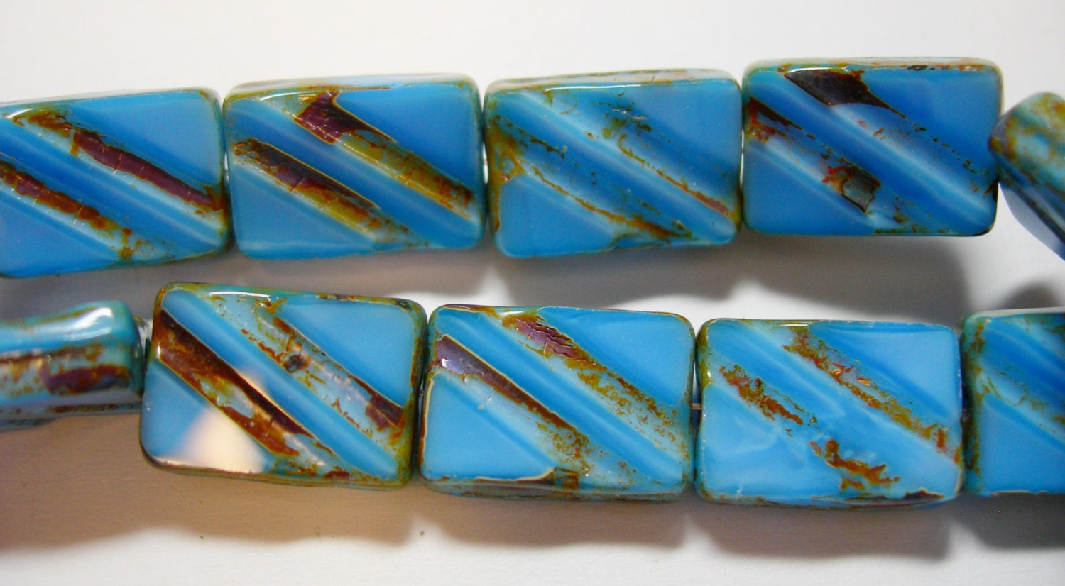 15 Cobalt Blue Picasso Czech Glass Grooved Rectangle beads 8x12mm