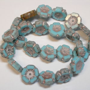 12 beads - Baby Blue with White Czech Glass Flower Beads 12mm