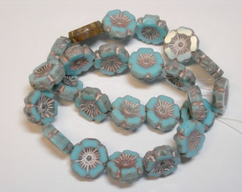 12 beads - Baby Blue with White Czech Glass Flower Beads 12mm