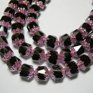 25 8mm Black with Pink ends Firepolished Cathedral Czech Glass Beads