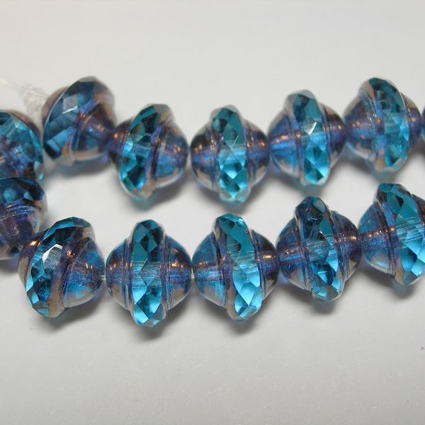 15 7mm Czech Glass Capri Blue with Bronze Faceted Saturn Saucer Beads