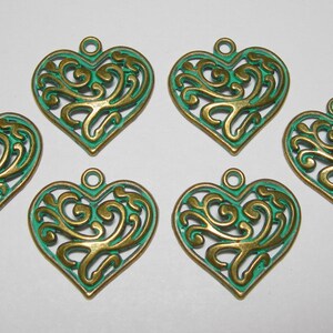 Green Verdigris Patina Metal Alloy Filigree Heart Charms - 6 pieces 22mmx20mm