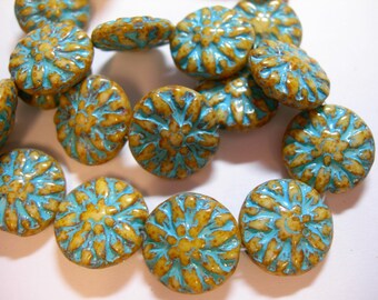 10 beads -  Czech Glass Cream color with Turquoise wash Dahlia Flower Beads 14mm