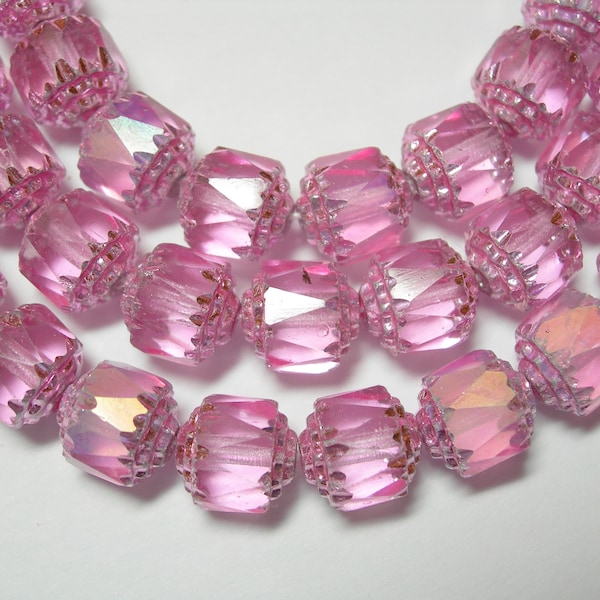10 10mm Pink Apollo with pink ends Firepolished Cathedral Czech Glass Beads