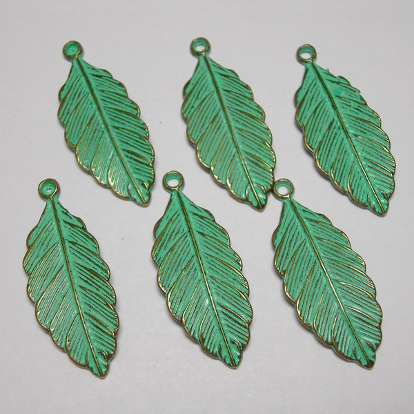 Green Verdigris Patina Metal Alloy LEAF Charms - 6 pieces 32mmx12mm