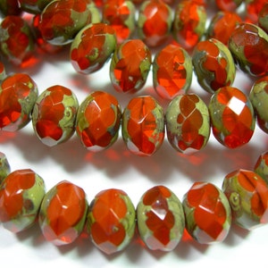 25 8x6mm Brick Orange Picasso Czech glass Rondelle beads