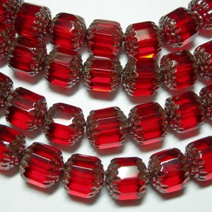 10  10mm Red with Silver ends Cathedral Czech Glass beads