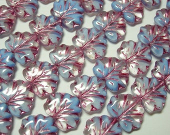 12 beads - Blue Clear Blend with Pink Czech Glass Maple Leaf Beads 11x12mm