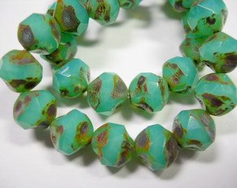 15 8mm Turquoise Opal Picasso faceted Firepolished Thru Cuts Czech Glass Beads