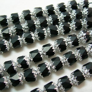 25 6mm Jet Black with Silver Firepolished Cathedral Czech Glass Beads