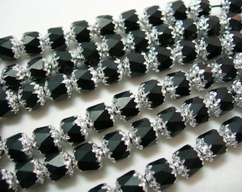 25 6mm Jet Black with Silver Firepolished Cathedral Czech Glass Beads