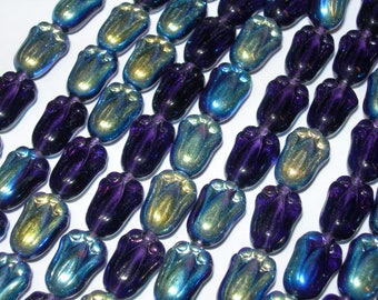 12 beads - Amethyst Purple AB Czech Glass Flower Tulip Beads 10x7mm