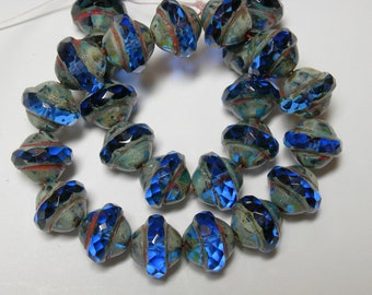 15 7mm Czech Glass Dark Sapphire Picasso Faceted Saturn Saucer Beads