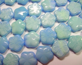 14 beads - Sapphire Blue and Mint Green Czech Glass Flower Beads 14mm