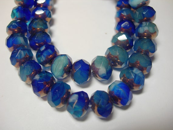 25 8x6mm Blue Lagoon Green Blue Mix Czech Glass Picasso Rondelle beads