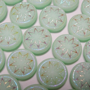 12 - 14mm Star of Ishtar Coin Czech Glass Beads Matte Mint Green with Metallic Iris finish
