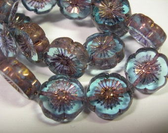 10 beads - Sapphire Blue / bronze Czech Glass Flower Beads 14mm