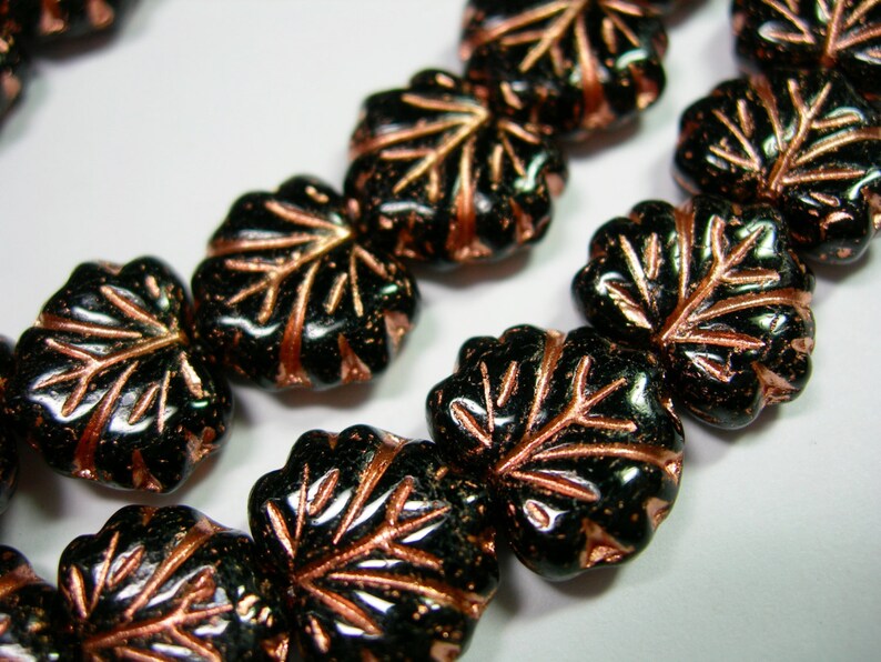 10 beads Black with Copper Czech Glass Maple Leaf Beads 11x12mm image 1