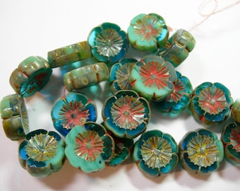 10 beads -  Aqua Blue Turquoise Blend Picasso Czech Glass Flower Beads 14mm