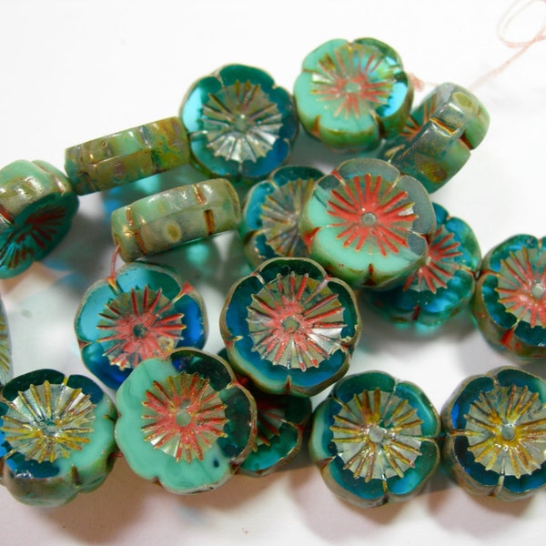 10 beads -  Aqua Blue Turquoise Blend Picasso Czech Glass Flower Beads 14mm