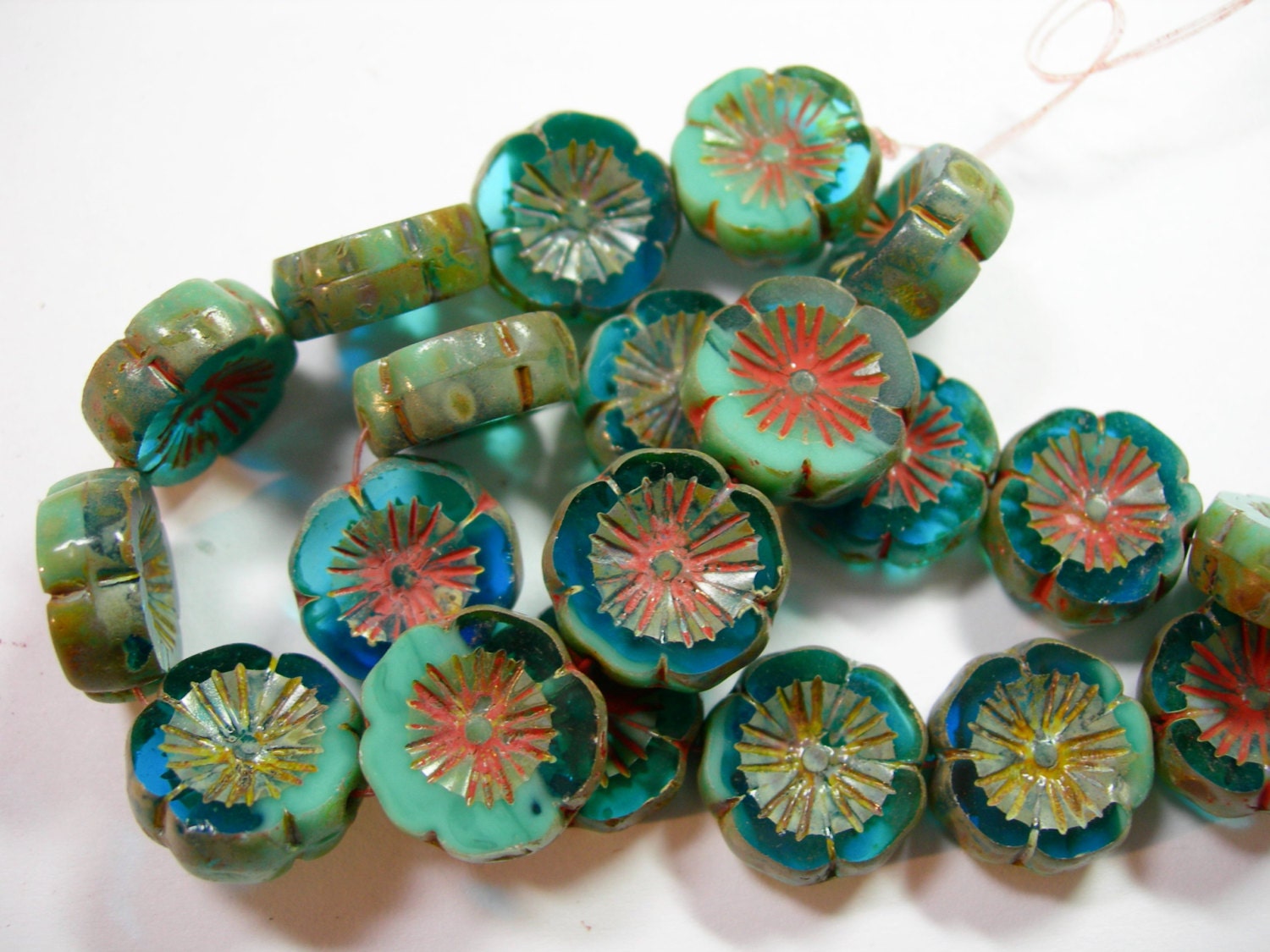 14mm Tea Green Turquoise Flower Bead, Picasso Czech Glass Beads 8